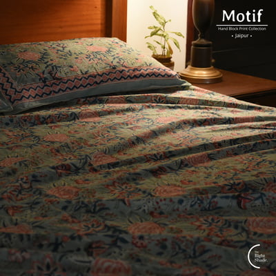Motif Hand Block Print Cotton Bedsheet - Garden Palette Motif Hand Block Print Cotton Bedsheet - Garden Palette