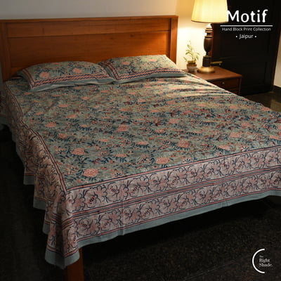 Motif Hand Block Print Cotton Bedsheet - Garden Palette Motif Hand Block Print Cotton Bedsheet - Garden Palette