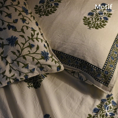 Motif Hand Block Print Cotton Bedsheet - Blue Floral Frame