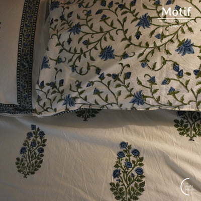 Motif Hand Block Print Cotton Bedsheet - Blue Floral Frame