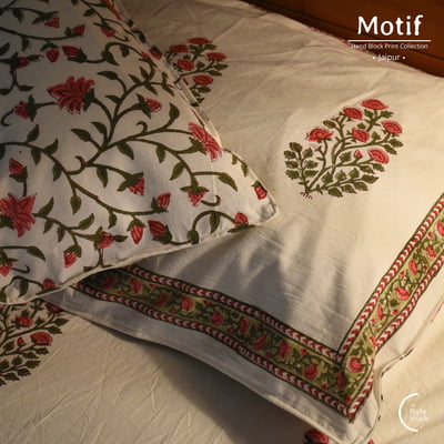 Motif Hand Block Print Cotton Bedsheet - Red Floral Frame
