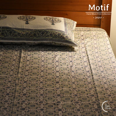 Motif Hand Block Print Cotton Bedsheet - Muted Paradise (60x90)