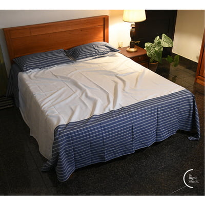 Cotton Bedsheet - White Dark Blue Stripes